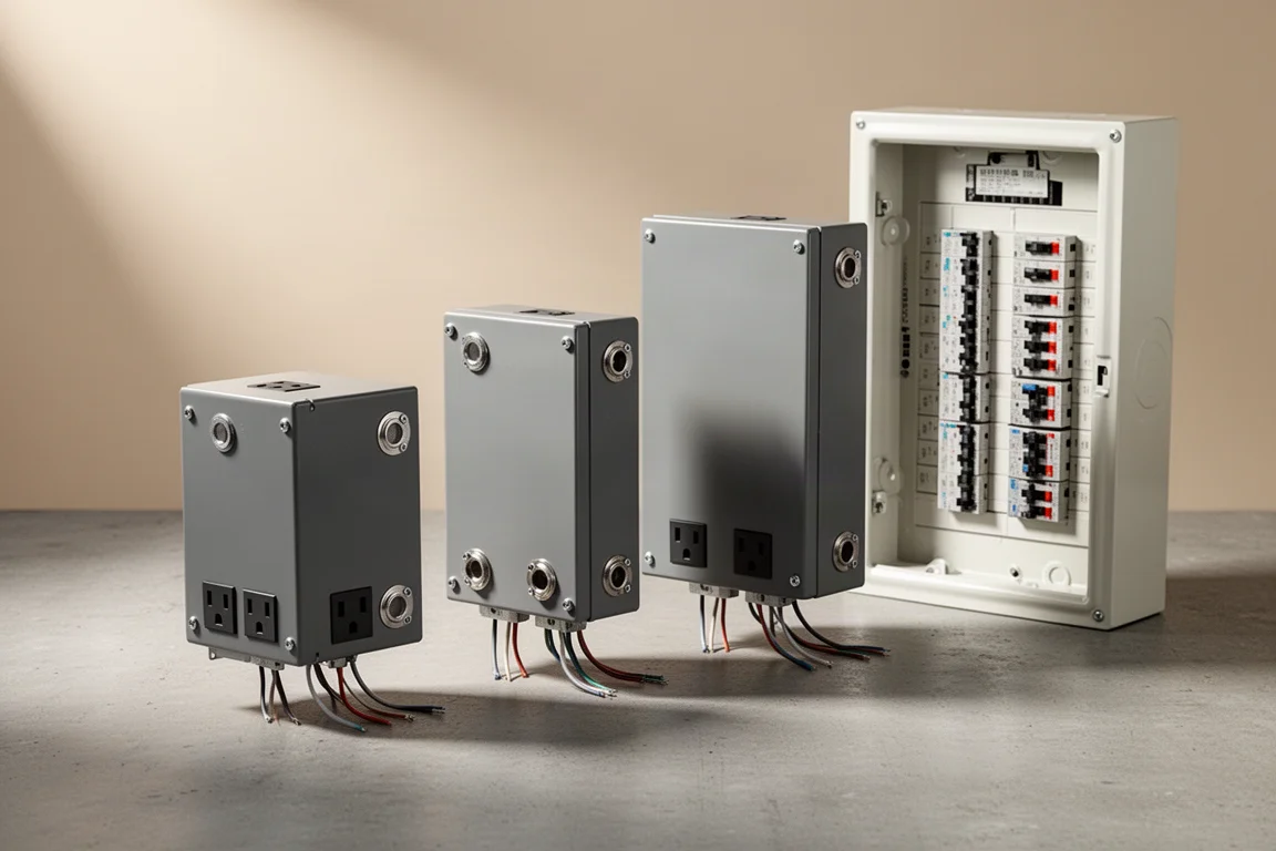 Three grey panel-mounted surge protection enclosures beside an open residential electrical panel