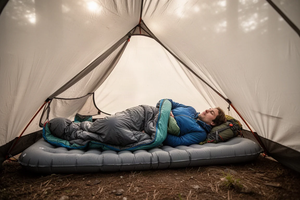 Backpacker lying on a thick inflated sleeping pad inside a tent at dawn