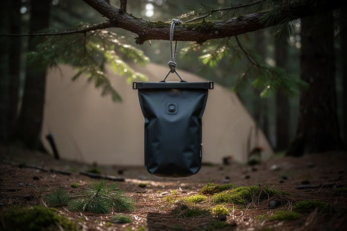 Food bag suspended from a tree branch above a forest campsite