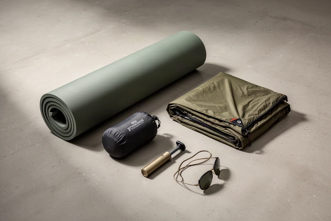 Flat-lay of backpacking gear including a sleeping pad, stuff sack, tent, pump and cord sunglasses