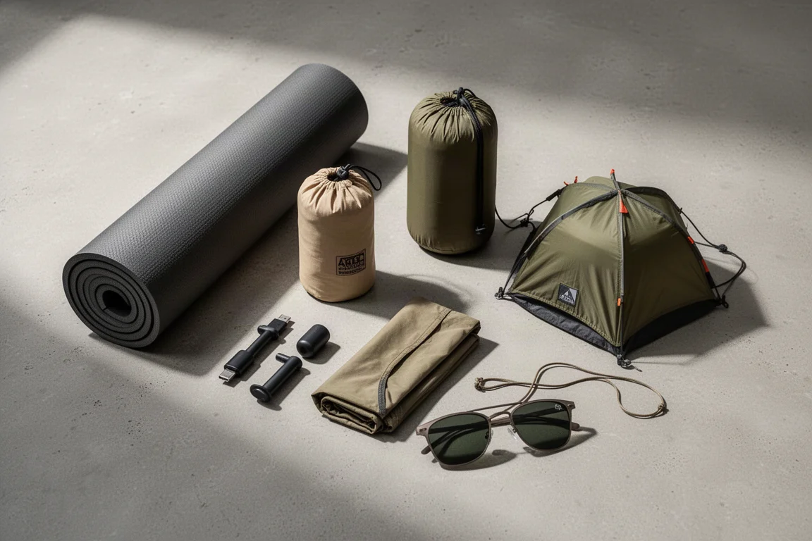 Flat-lay of backpacking gear on concrete with sleeping pad, food bag, tents, pumps, and sunglasses