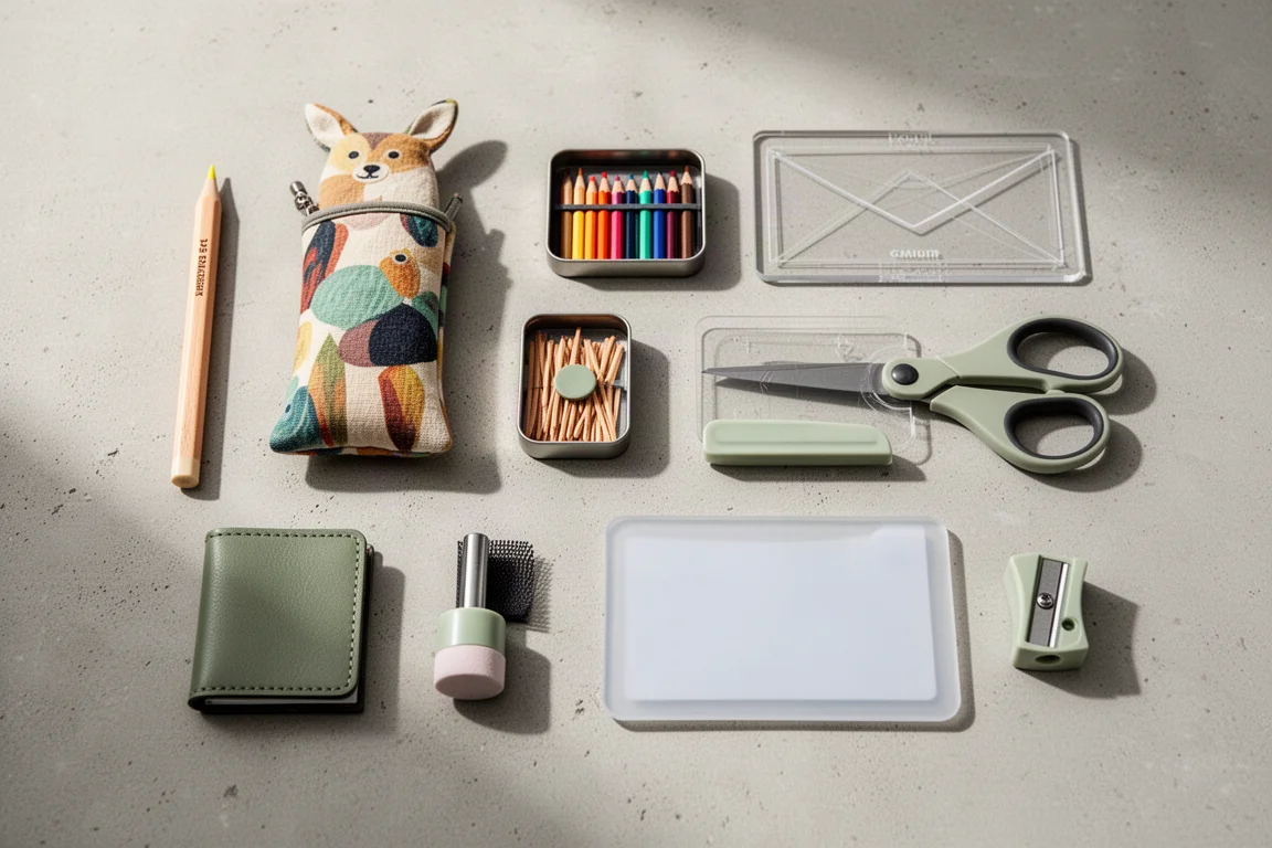 Flat-lay of nine stationery items including pen case, scissors, memo pad, and sharpener on a light surface