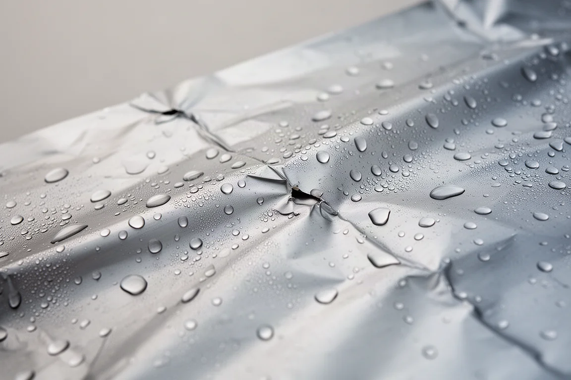 Gotas de condensação e vincos no filme refletivo prateado amassado do abrigo