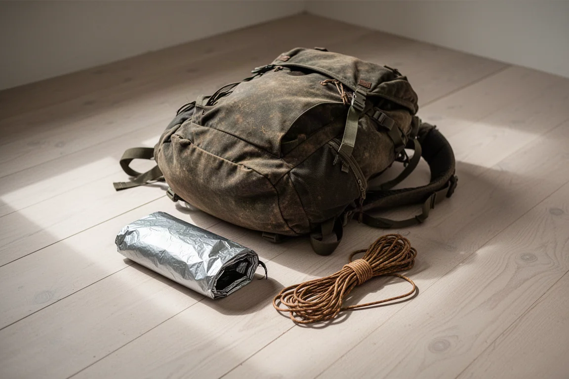 Mochila de trilha aberta no chão de madeira com abrigo de emergência e corda