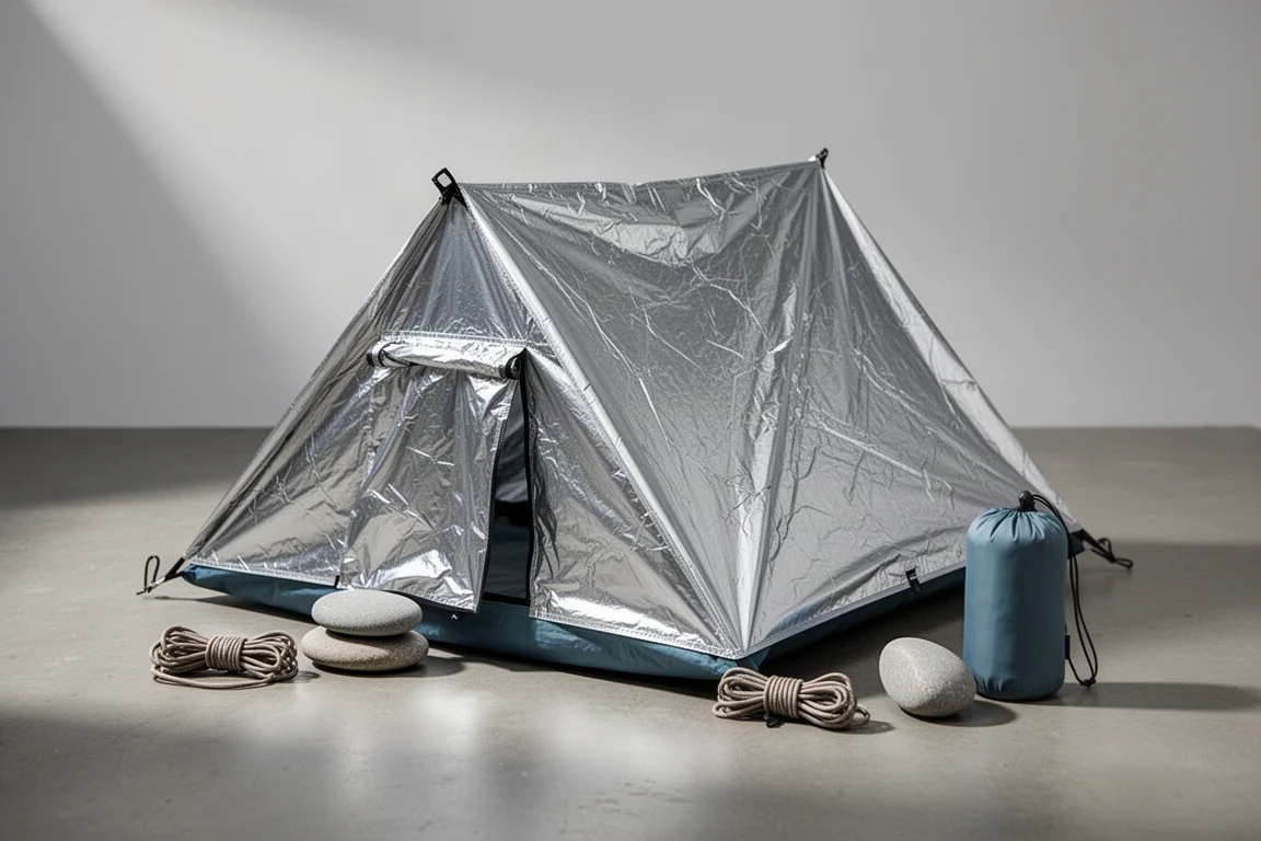 Silver Mylar emergency tent shelter pitched on concrete with paracord and stuff sack
