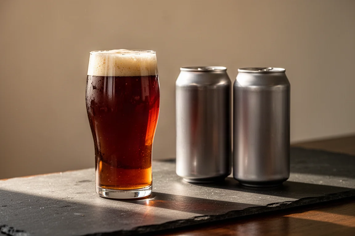 Bärnstensfärgat hantverksöl hällt i ett glas bredvid tomma aluminiumburkar