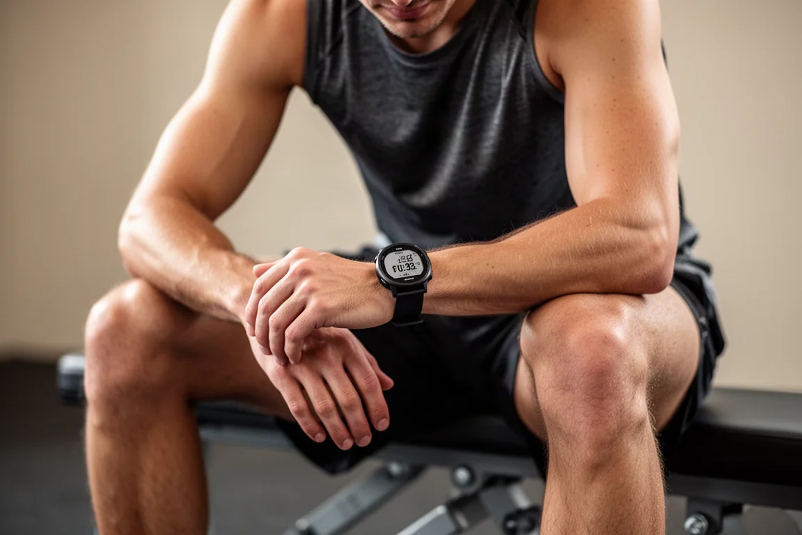 Runner checking daily training metrics on a sports watch after an indoor session