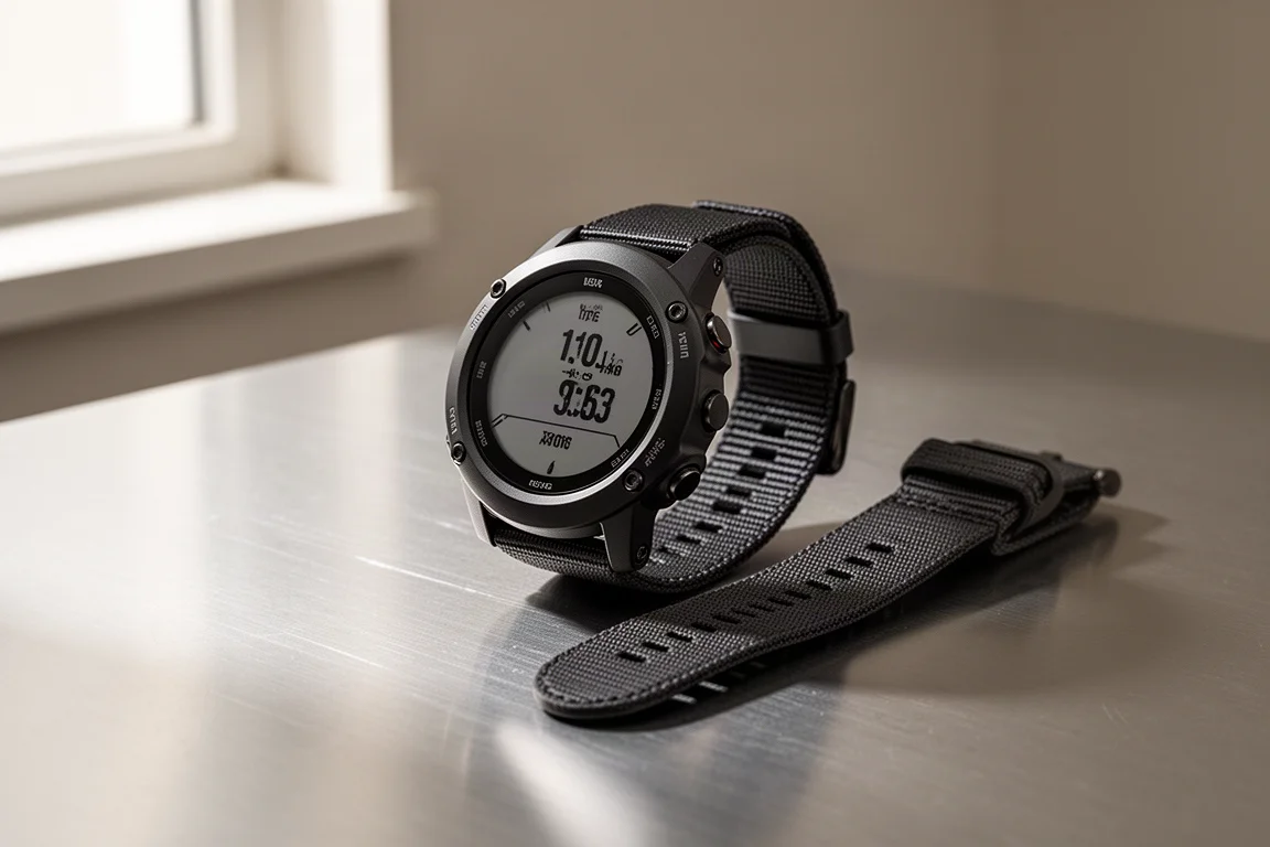 Slim black multi-sport GPS watch with fabric strap on an aluminium surface