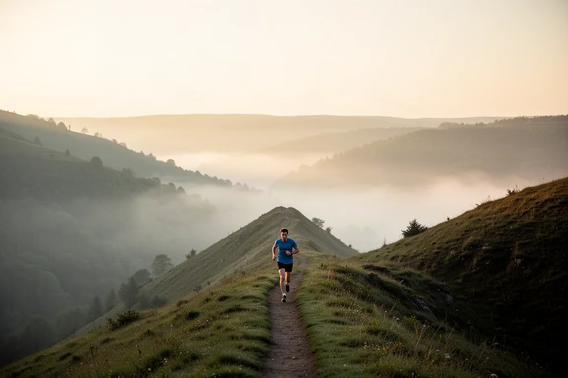 Lone runner on a misty ridge line at sunrise with hills fading into the distance