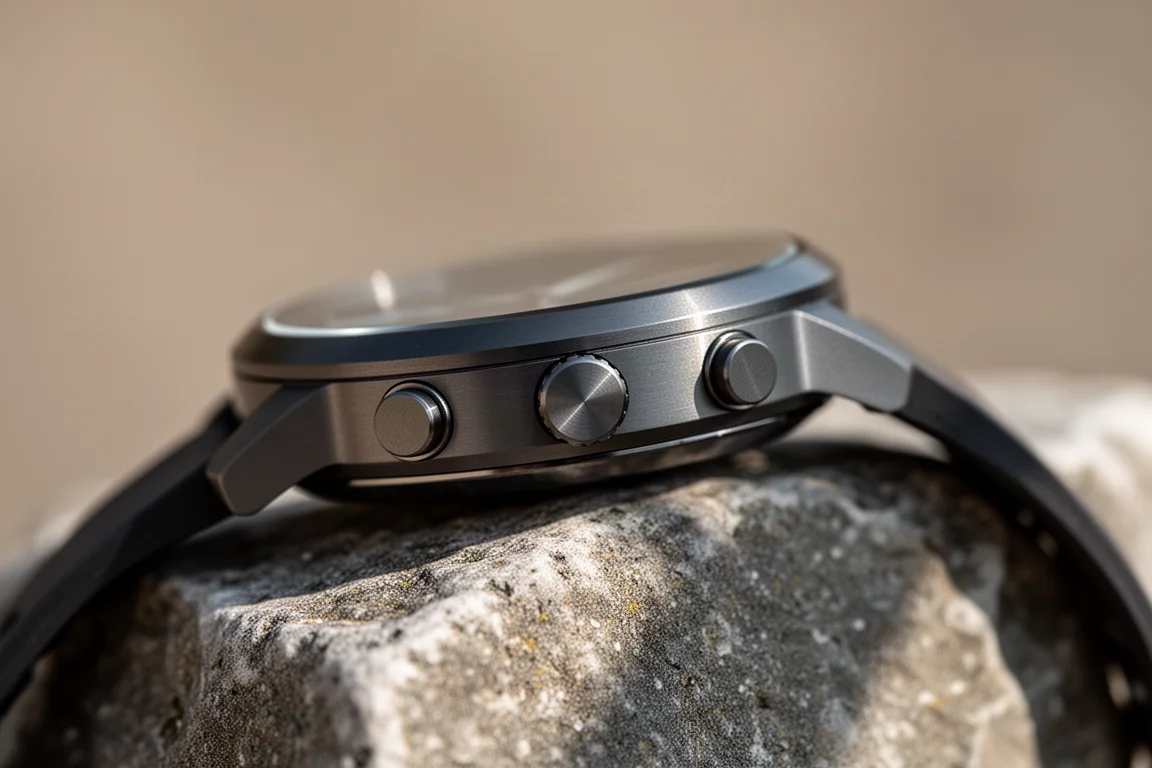 Macro detail of three slim physical buttons on the side of a compact sports watch case