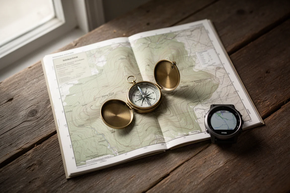 Flat-lay of a topographic map, compass and compact GPS watch on weathered wood