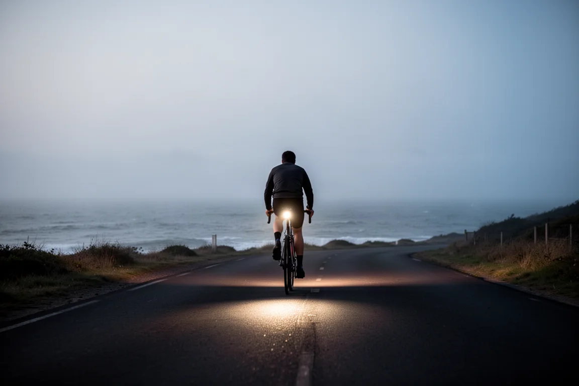 Cyclist riding a quiet coastal road at dusk with a headlight glow ahead