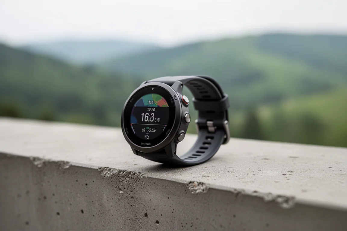 Kompaktowy multisportowy zegarek GPS na betonowym gzymsie, w tle rozmyte zielone wzgórza