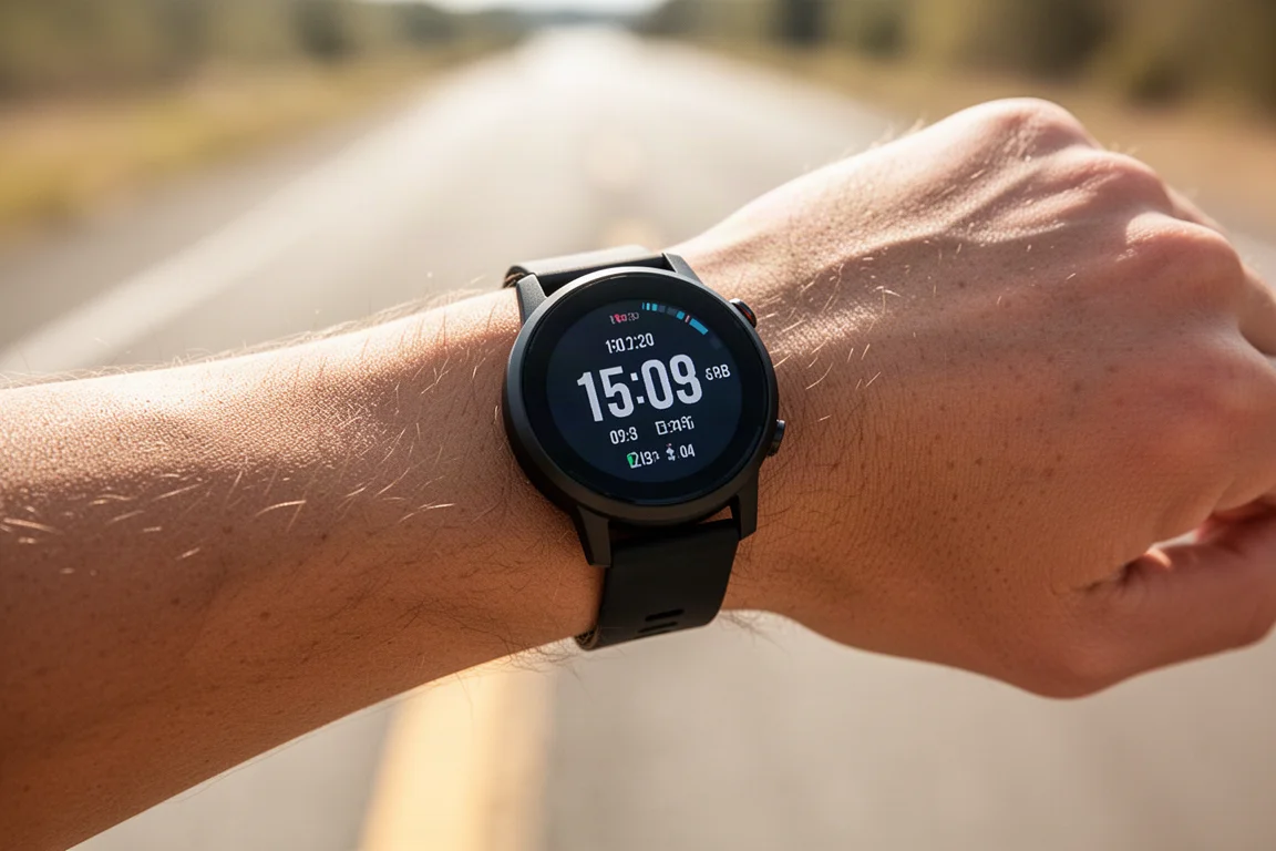 Runner checking a large bright sport watch display outdoors in direct sunlight