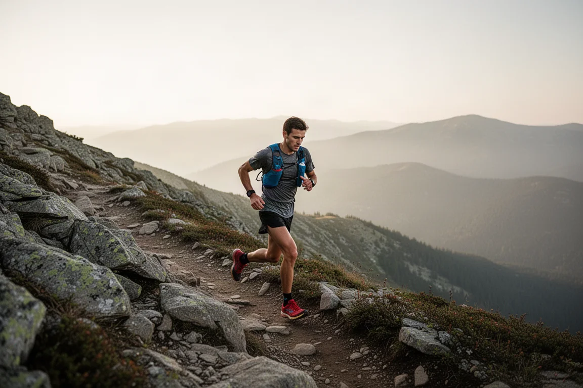 Trail runner climbing a mountain path in soft afternoon light