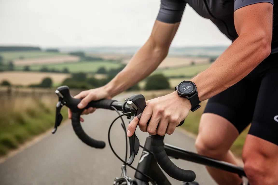 Cyclist training on open rural roads with a sport watch on the wrist