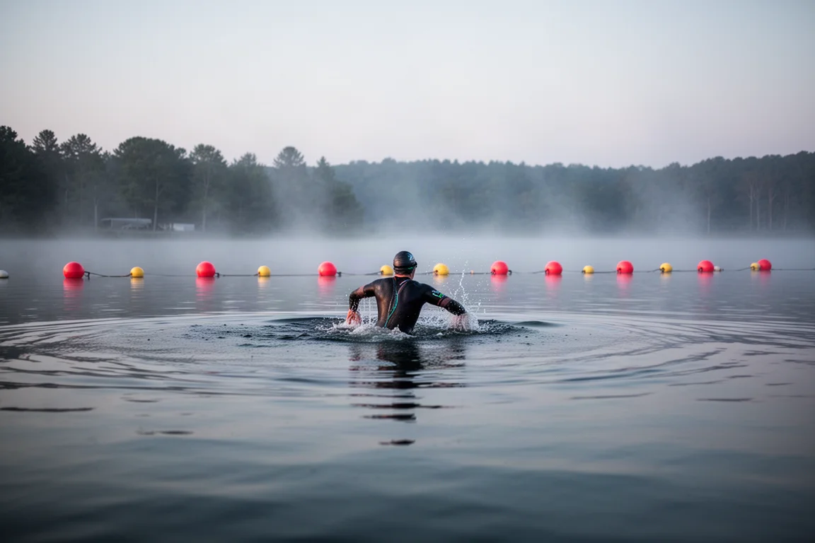 Open-water swimmer sighting toward buoys on a calm lake at dawn