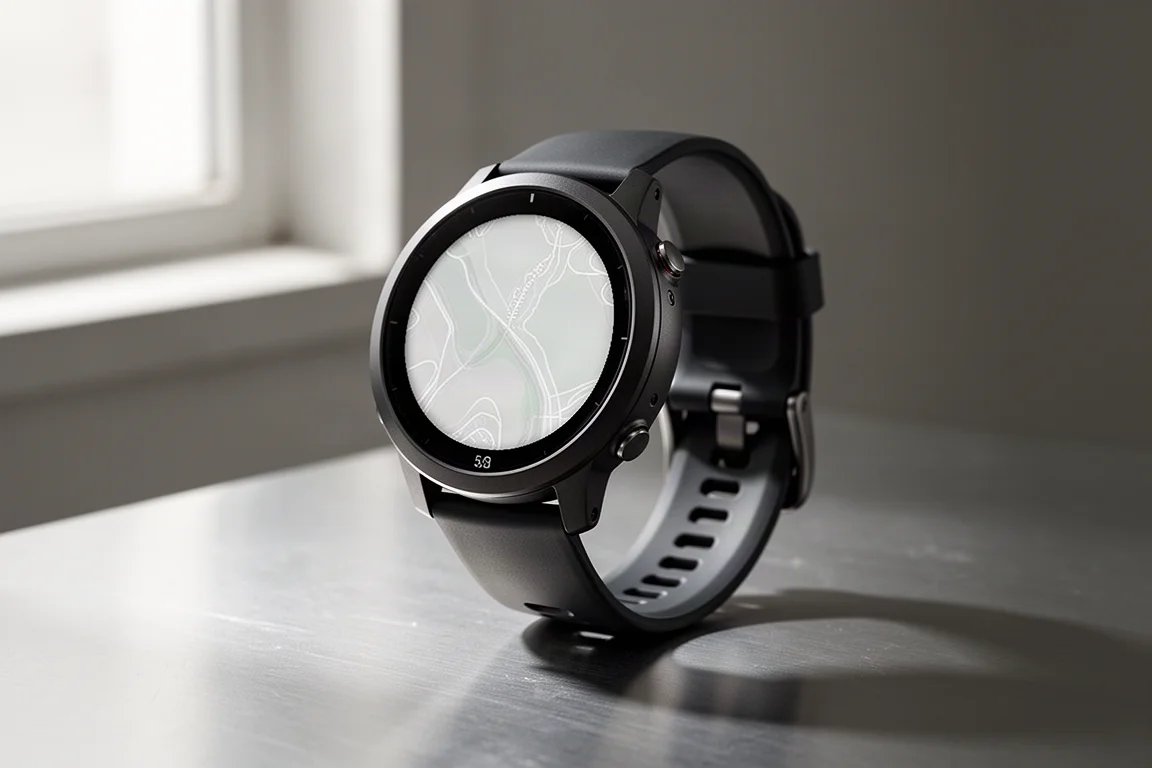 Suunto Race 2 Sportuhr mit rundem schwarzem Gehäuse und hellem Display auf gebürstetem Aluminium