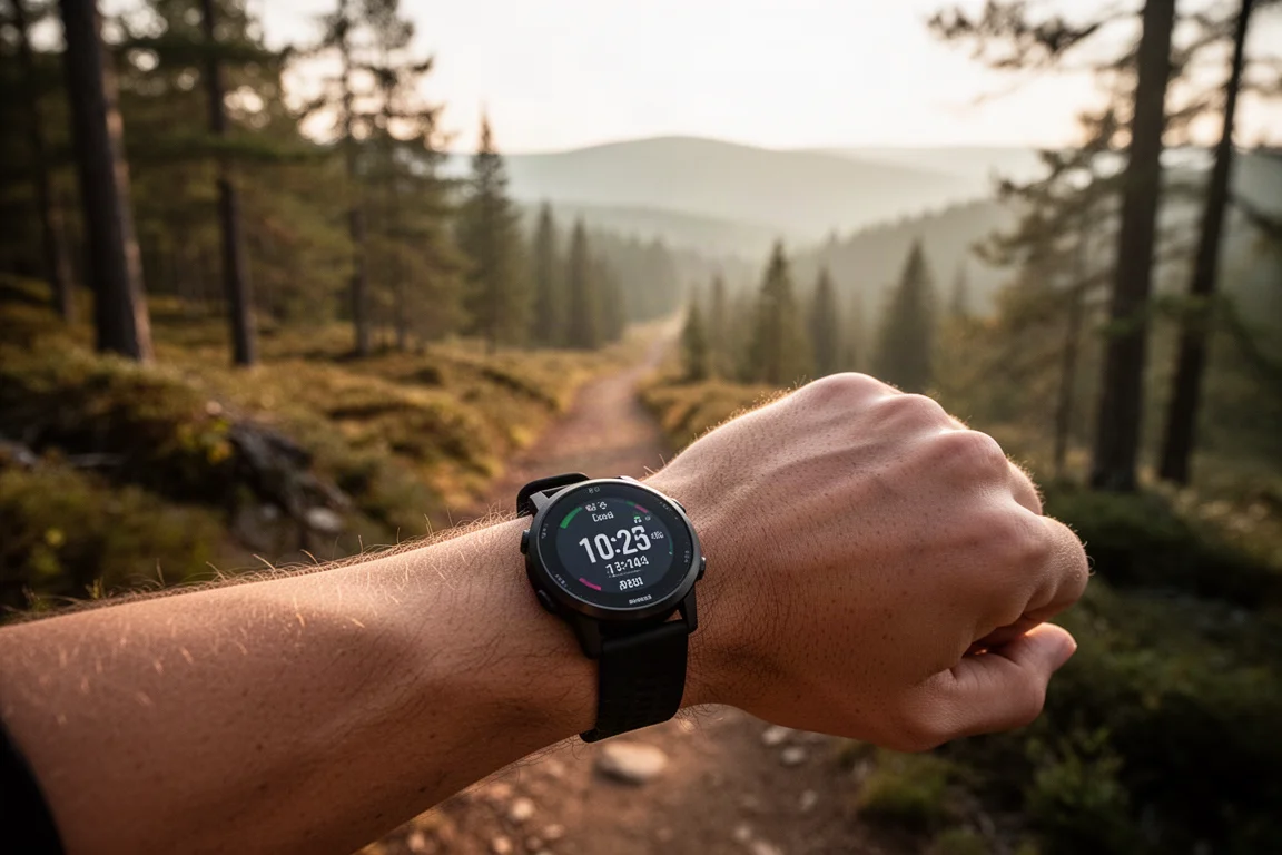 Läuferin mit leichter GPS-Sportuhr auf einem Waldweg im sanften Morgenlicht