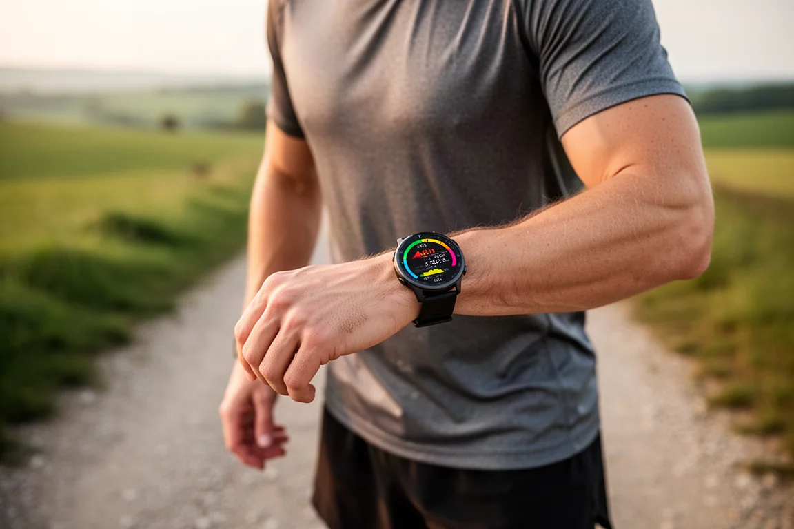 Läufer prüft Trainingsdaten auf einer Sportuhr nach einem Workout im Freien