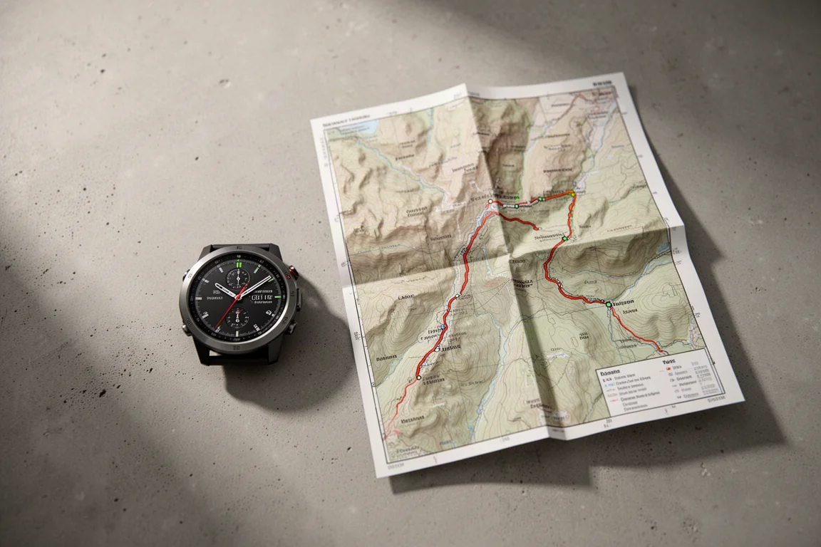 Sportuhr und topografische Karte liegen auf einem Tisch bei der Planung einer Trailroute