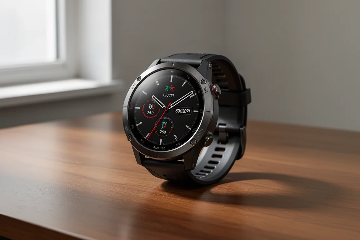 Suunto Race 3S sports watch with titanium bezel on a wooden desk