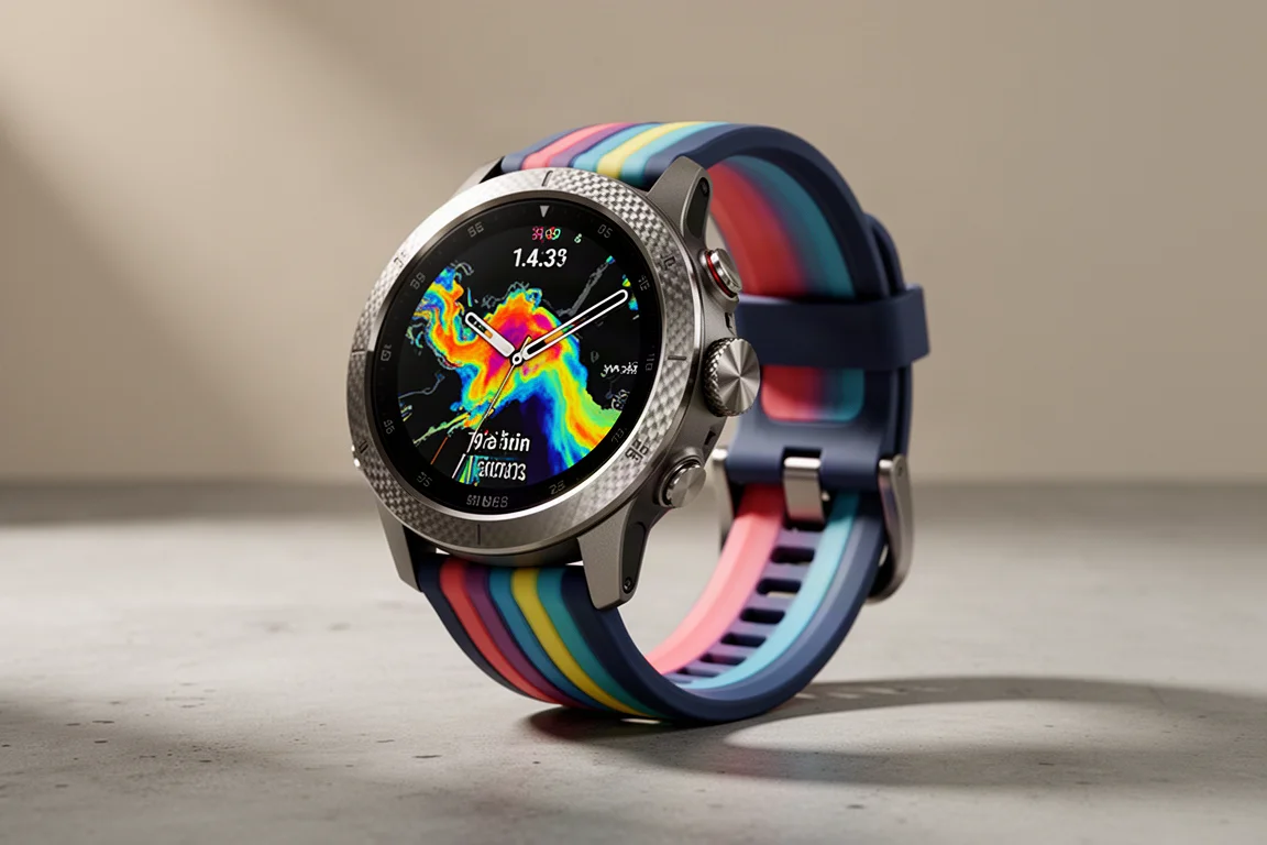 Suunto Race sports watch with round AMOLED display and titanium bezel on concrete surface