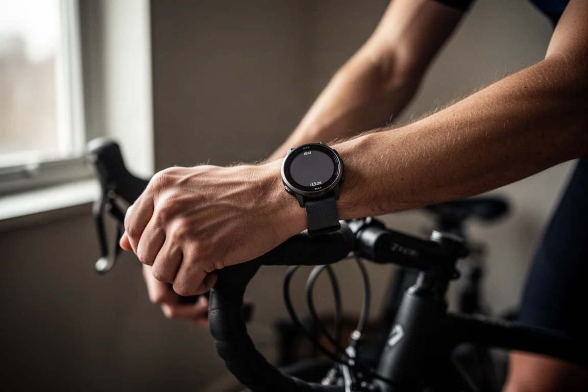 Atleta conferindo um relógio esportivo durante uma sessão de ciclismo indoor