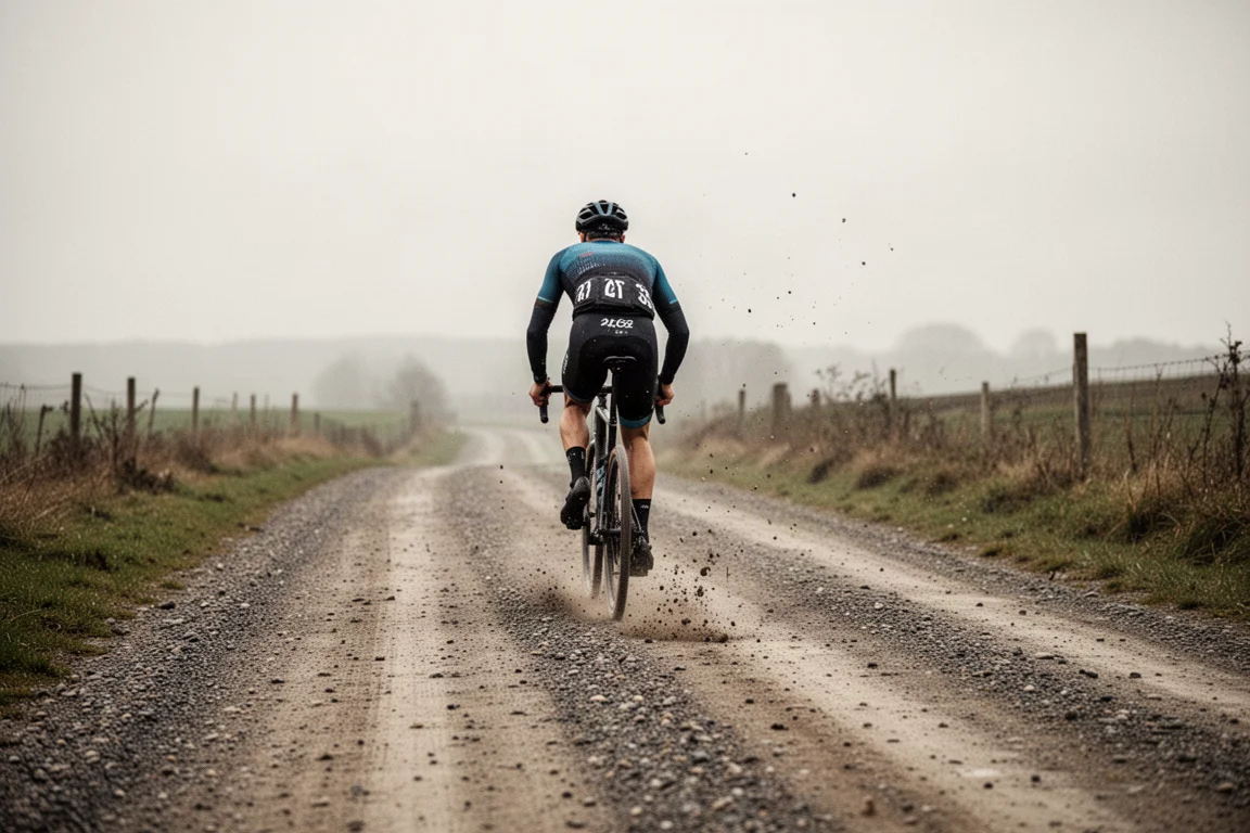 Ciclista de gravel pedalando em uma estrada rural acidentada sob luz fria do dia