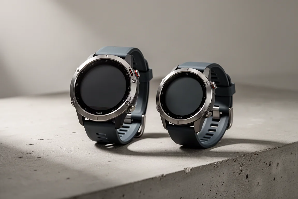 Two round GPS sports watches side by side on a concrete surface