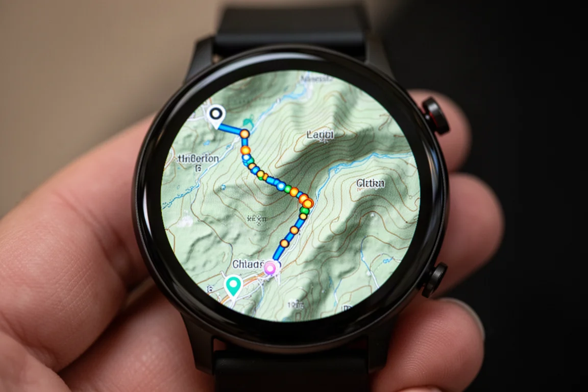 Läufer prüft auf einer Sportuhr eine Karte während eines Trailruns