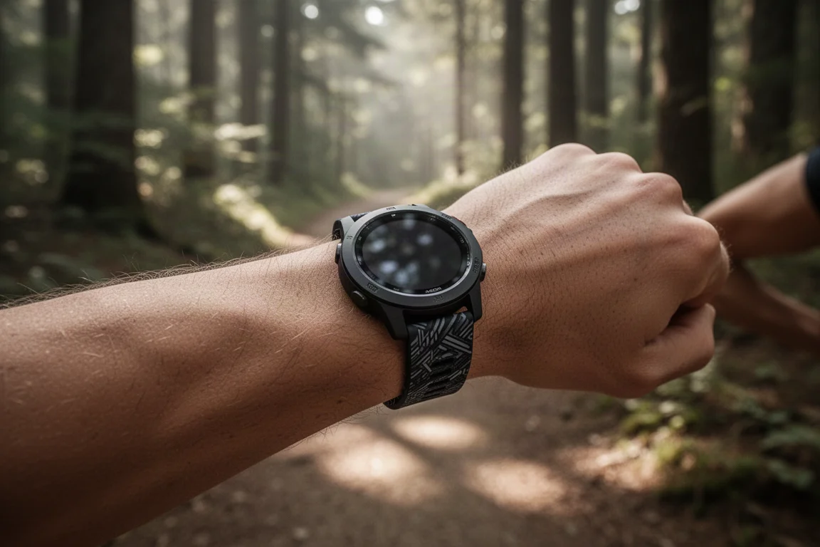 Podista che controlla uno smartwatch sportivo GPS all'inizio di una corsa su trail nel bosco