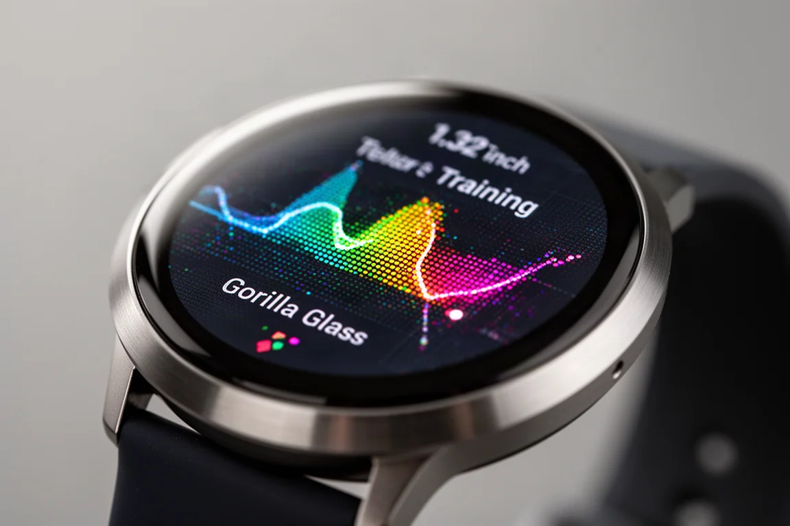 Primo piano di un luminoso schermo AMOLED di uno smartwatch con una metrica di allenamento visualizzata