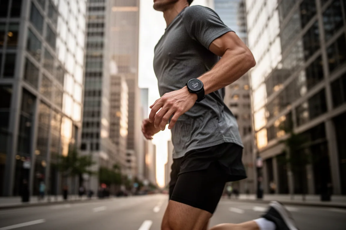 Smartwatch GPS che registra una corsa in città con grattacieli che restringono il cielo