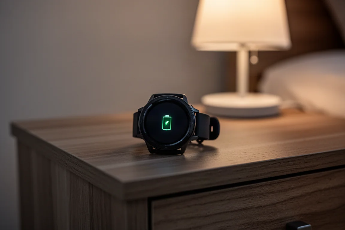 Smartwatch sportivo appoggiato su un comodino con l'indicatore di batteria bassa visibile