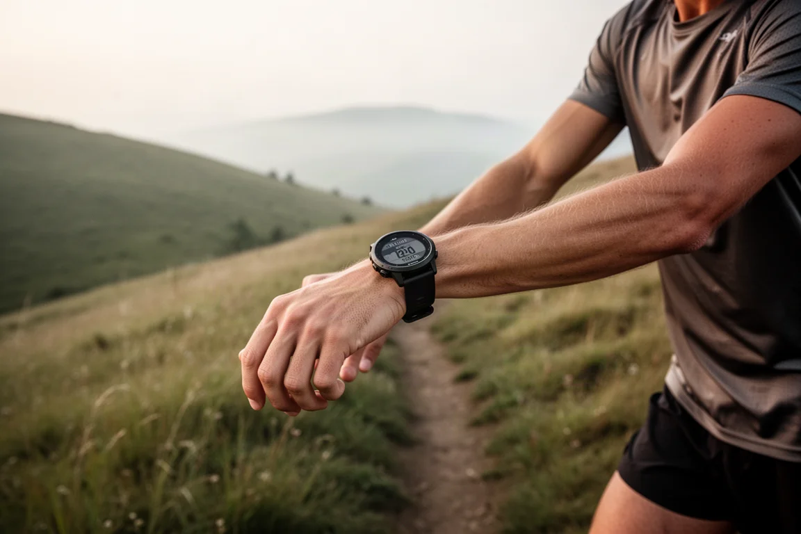 Runner checking a route on a sports watch during a hilly trail run
