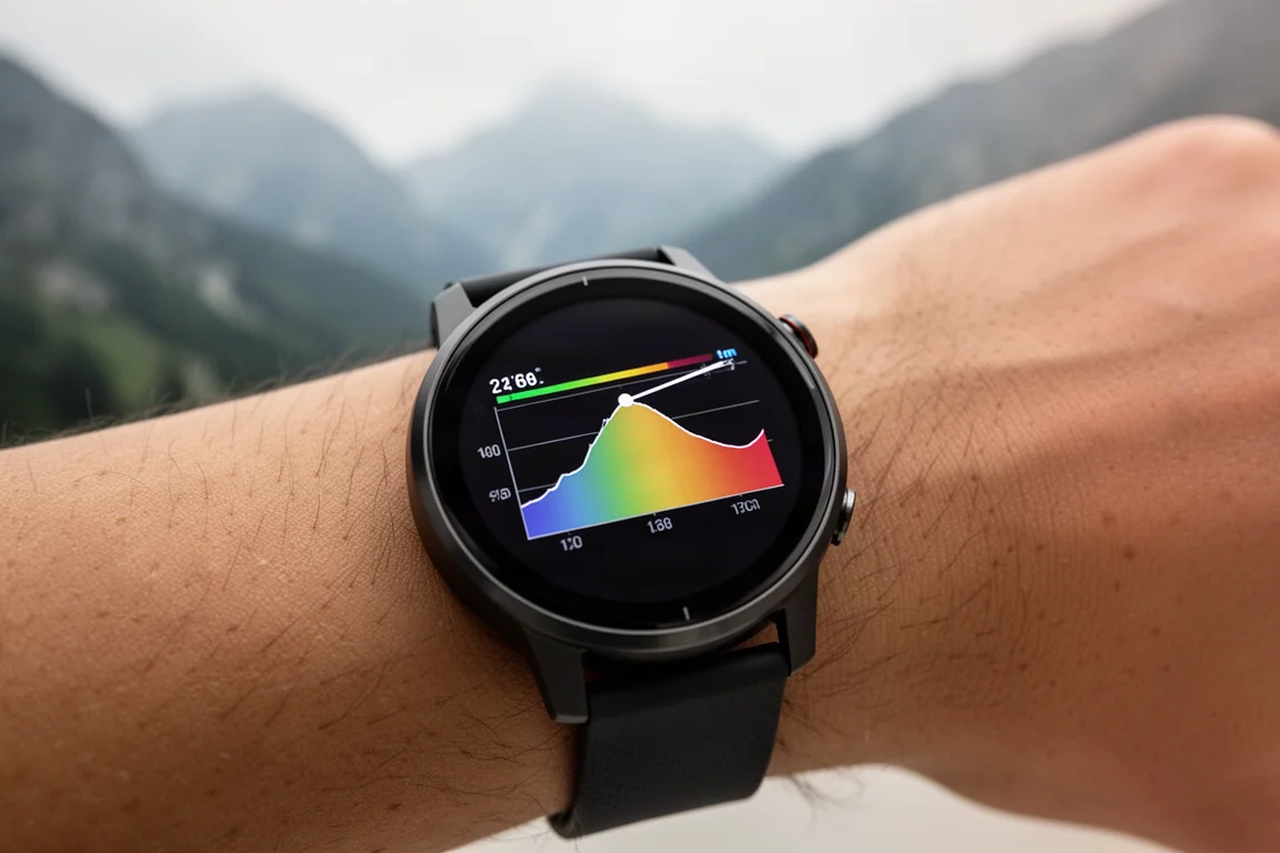 Watch screen showing climb guidance with an elevation profile during a mountain run