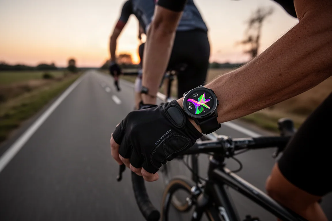 Cyclist riding a road bike at dusk with a sports watch visible on the wrist