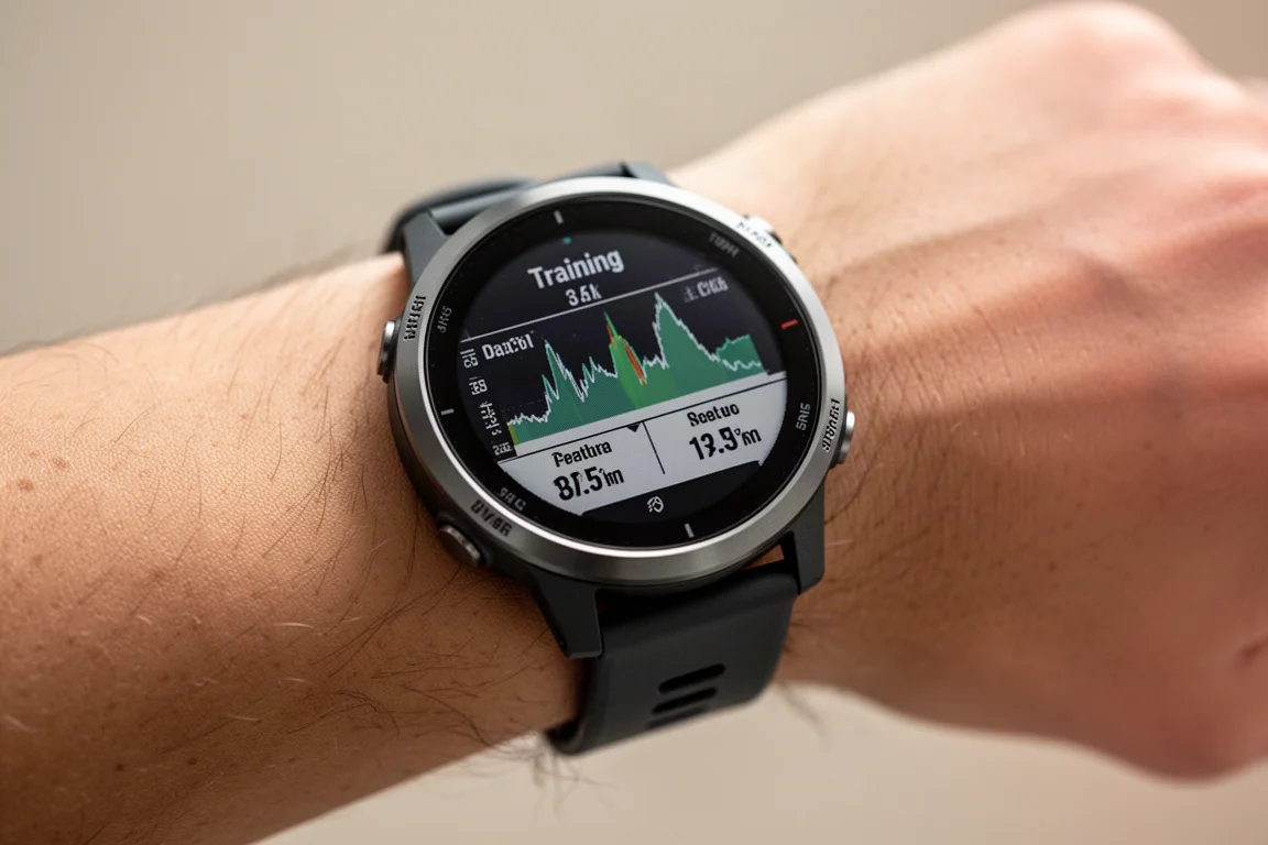 Multisport GPS watch worn on a wrist against a neutral outdoor backdrop