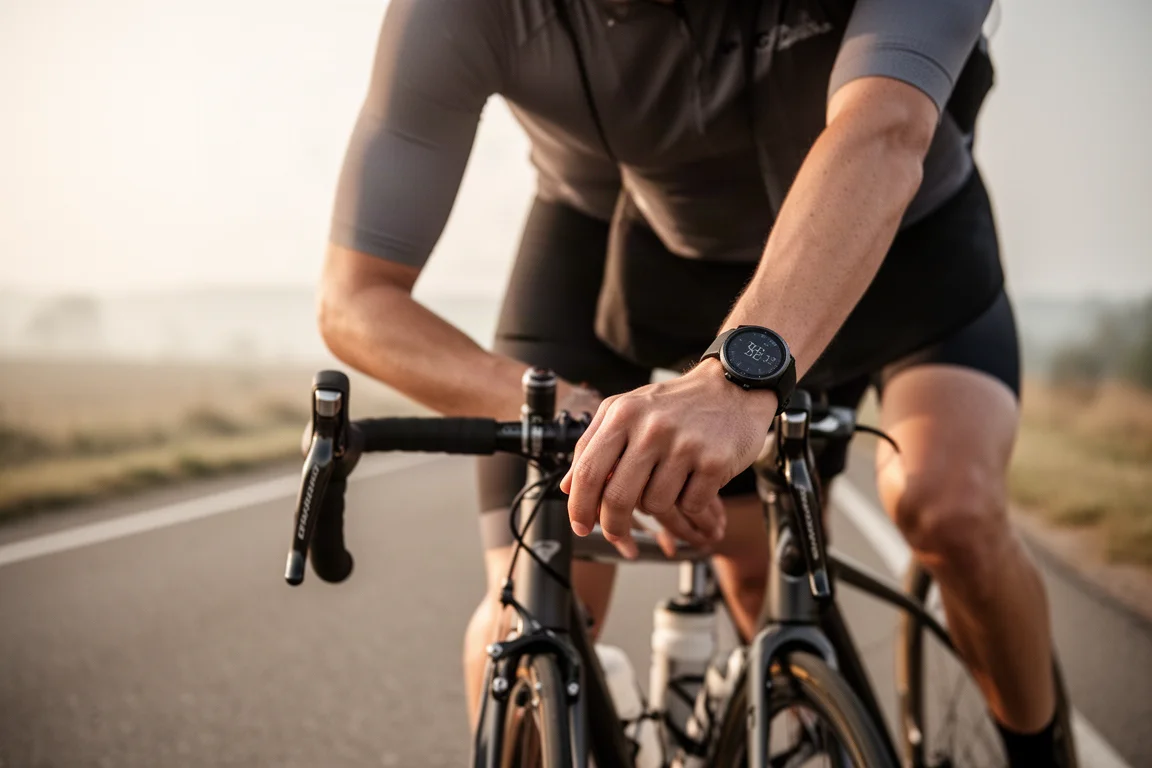 Cyclist riding on an open road in soft daylight wearing a GPS sports watch