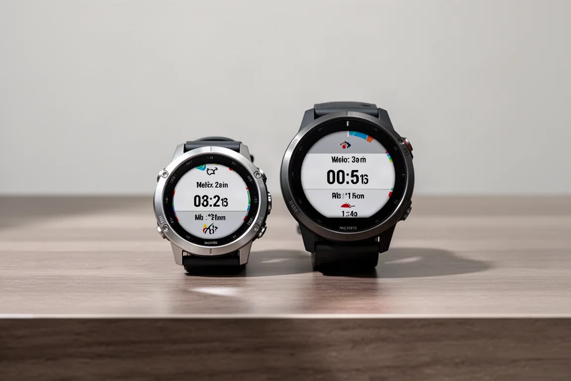 Two GPS sports watches side by side on a desk showing different watch faces