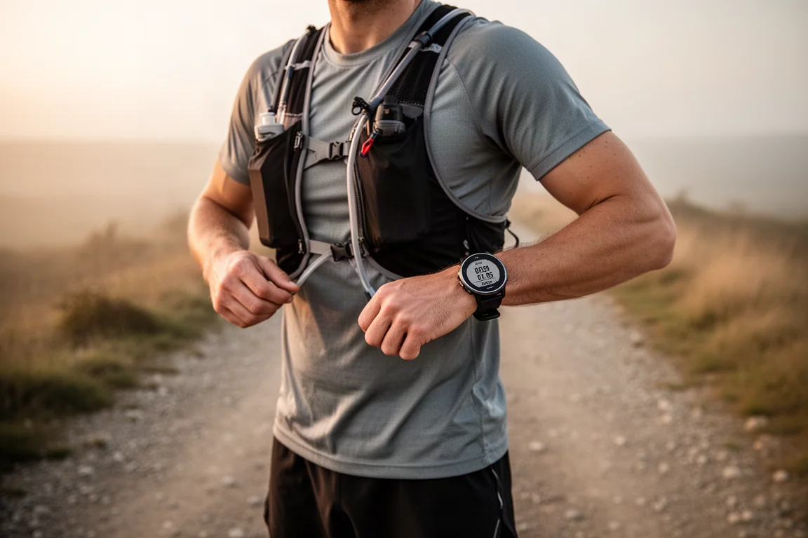 Runner preparing for a trail run with a sports watch visible on the wrist