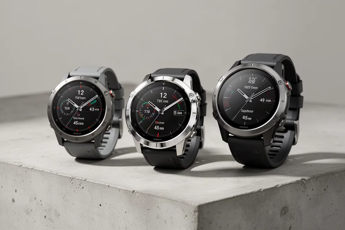 Three Suunto Race family GPS watches arranged on a concrete surface