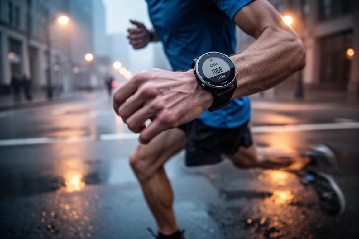 跑者戴著 GPS 運動錶開始清晨路跑