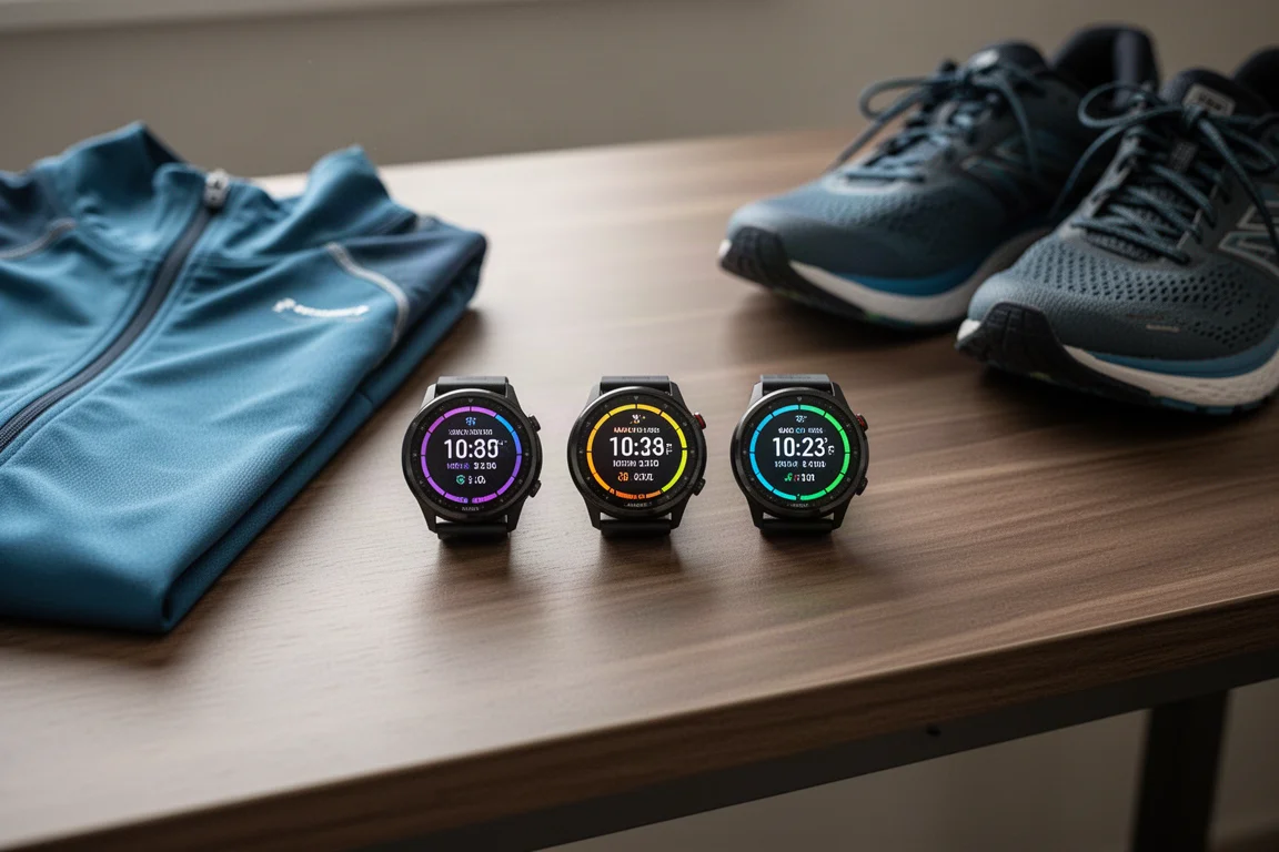 Trois montres sportives côte à côte sur un bureau en bois avec du matériel de course