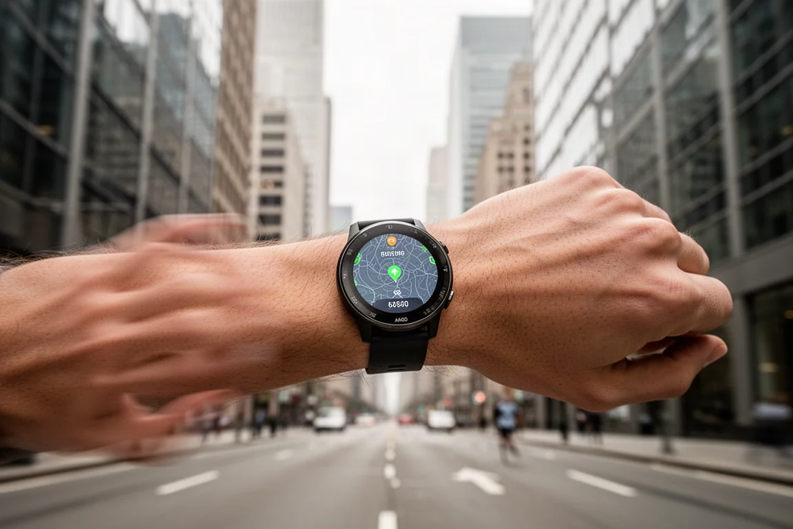 Coureur portant trois montres sportives dans une rue urbaine entre de grands immeubles