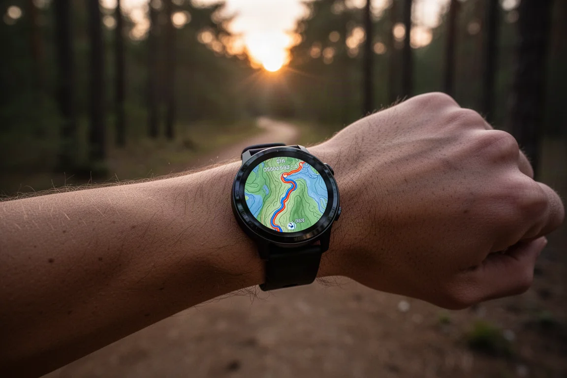 Traileur consultant une carte en couleur sur l'écran d'une montre au crépuscule