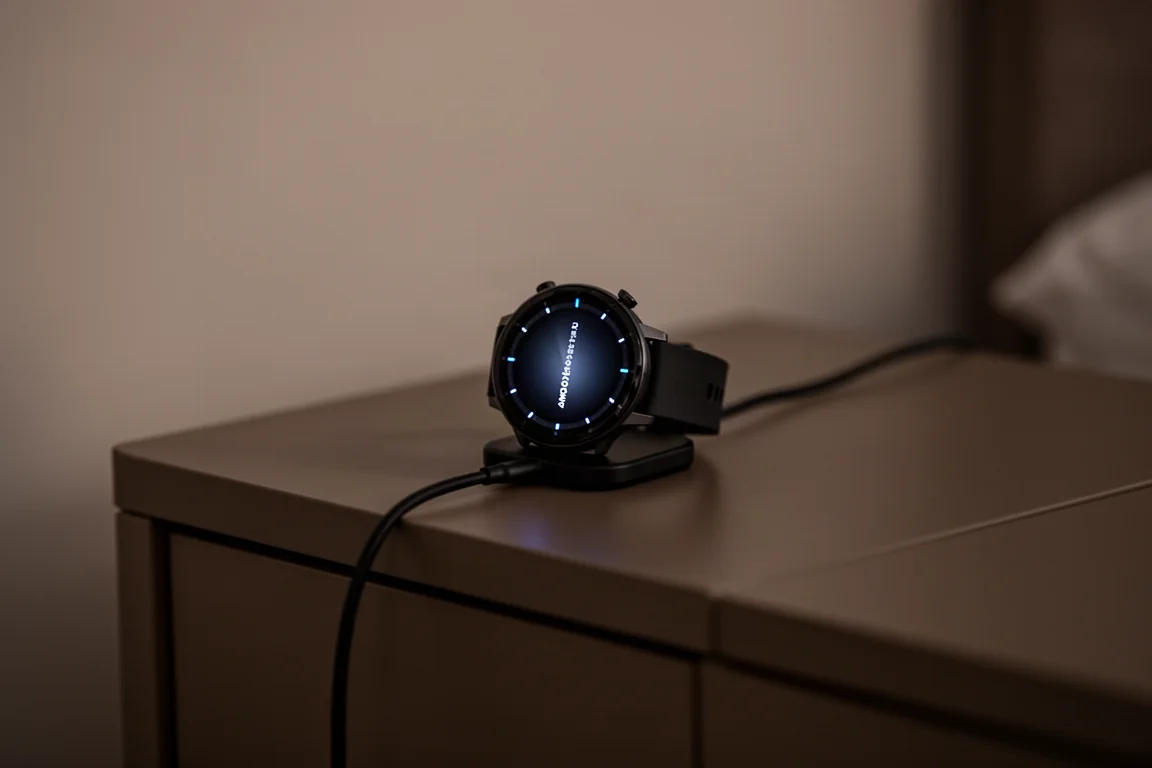 Montre sportive en charge sur un câble sur une table de chevet la nuit