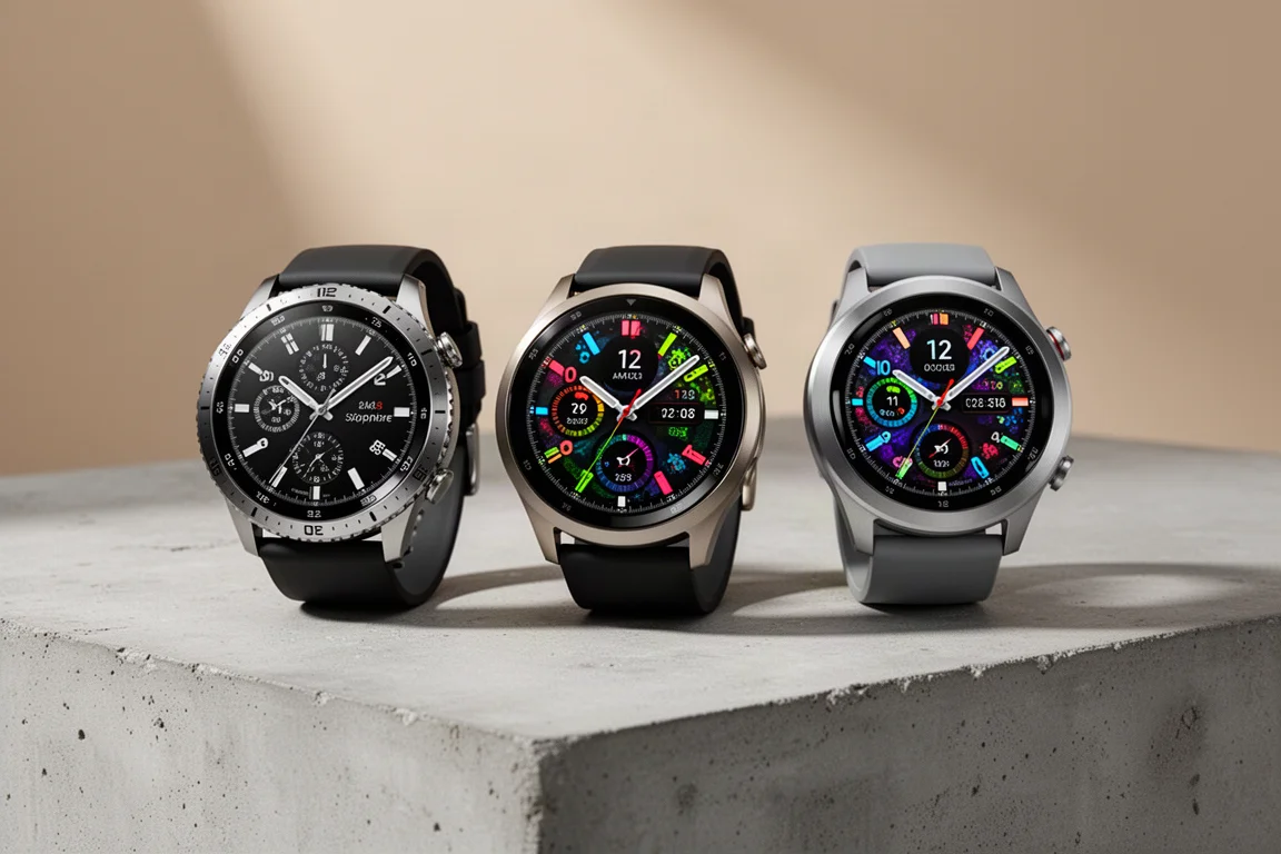 Three AMOLED sports watches side by side on a concrete surface