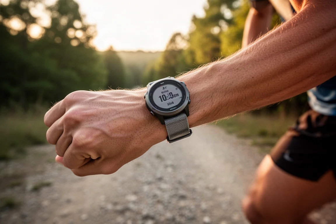 Runner starting a trail run at sunrise with a GPS watch on the wrist